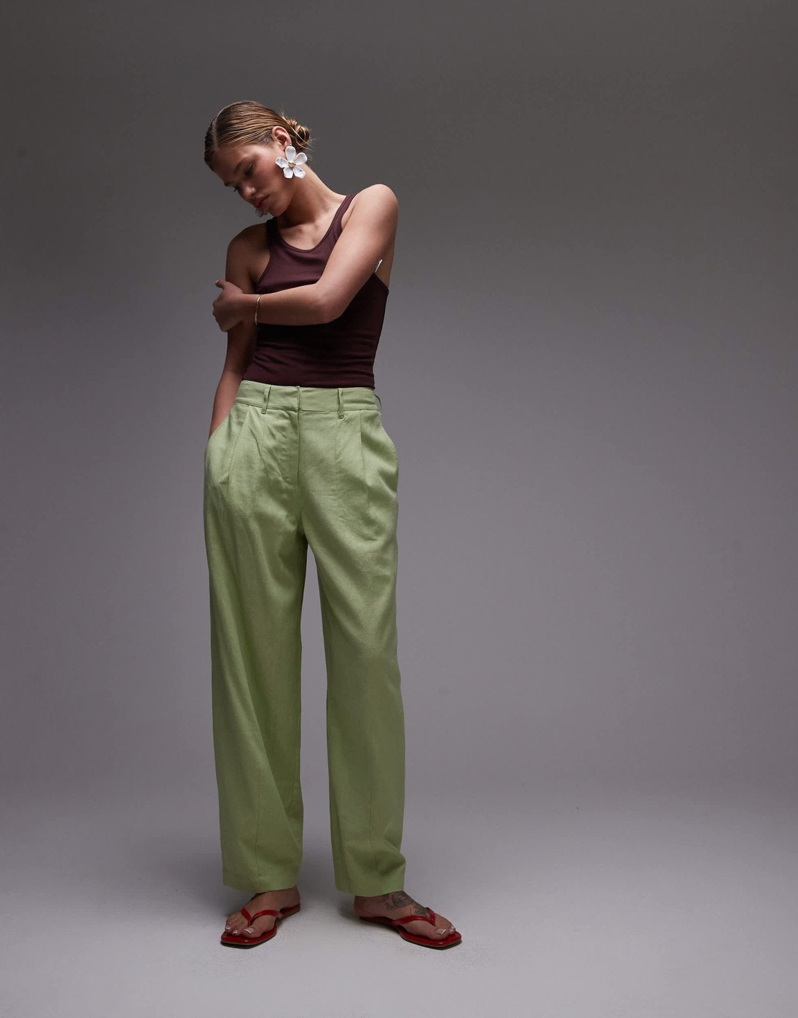 Topshop linen ovoid trouser in light green - ASOS Sample Sale