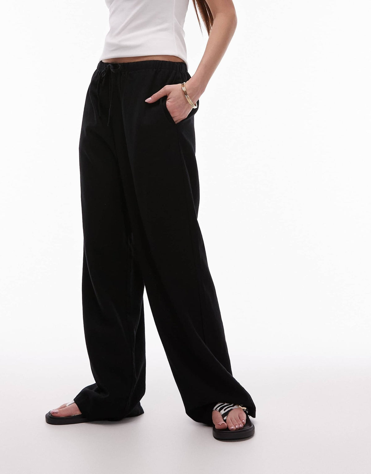 Topshop linen straight leg trouser in black - ASOS Sample Sale