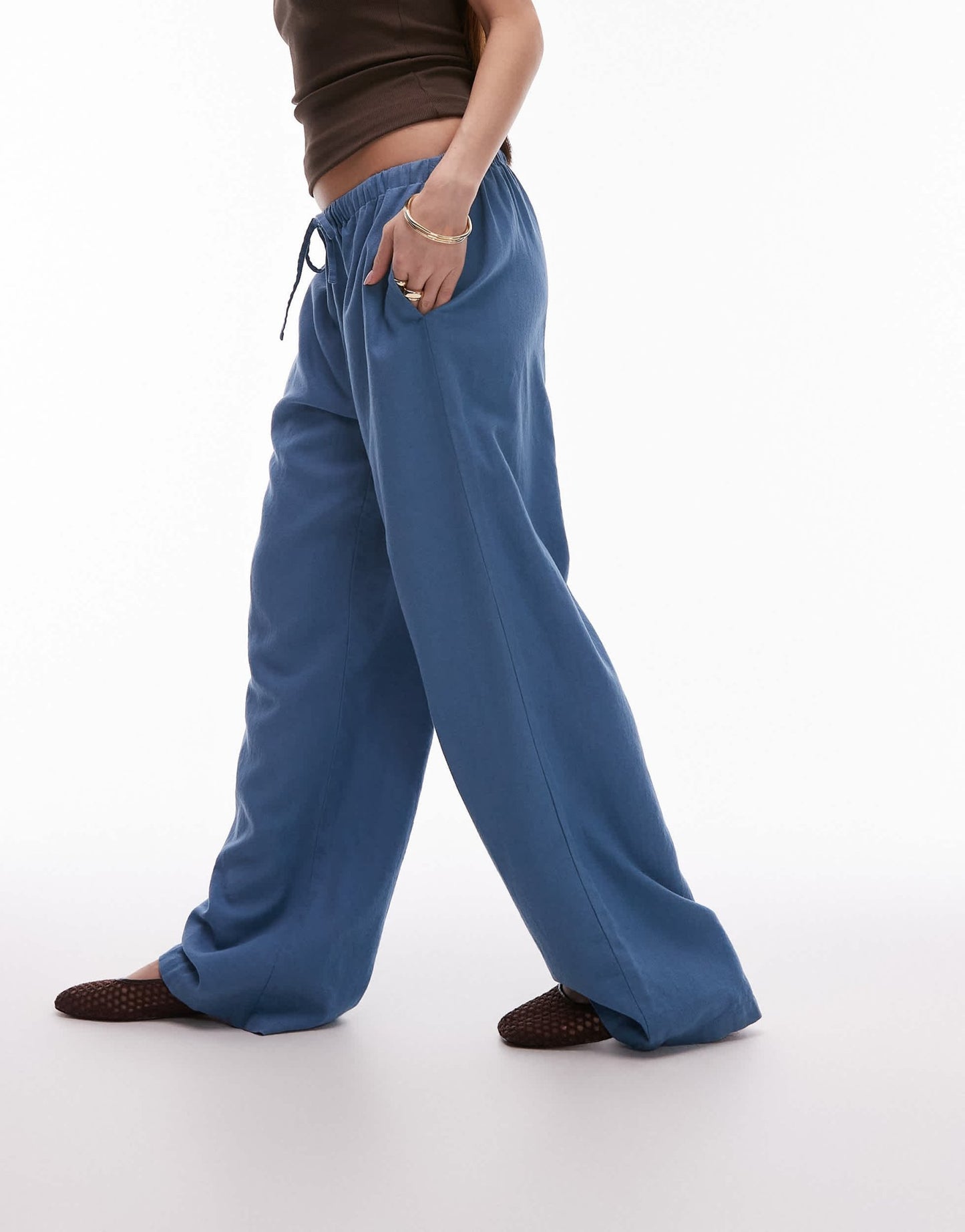 Topshop linen straight leg trouser in denim blue - ASOS Sample Sale