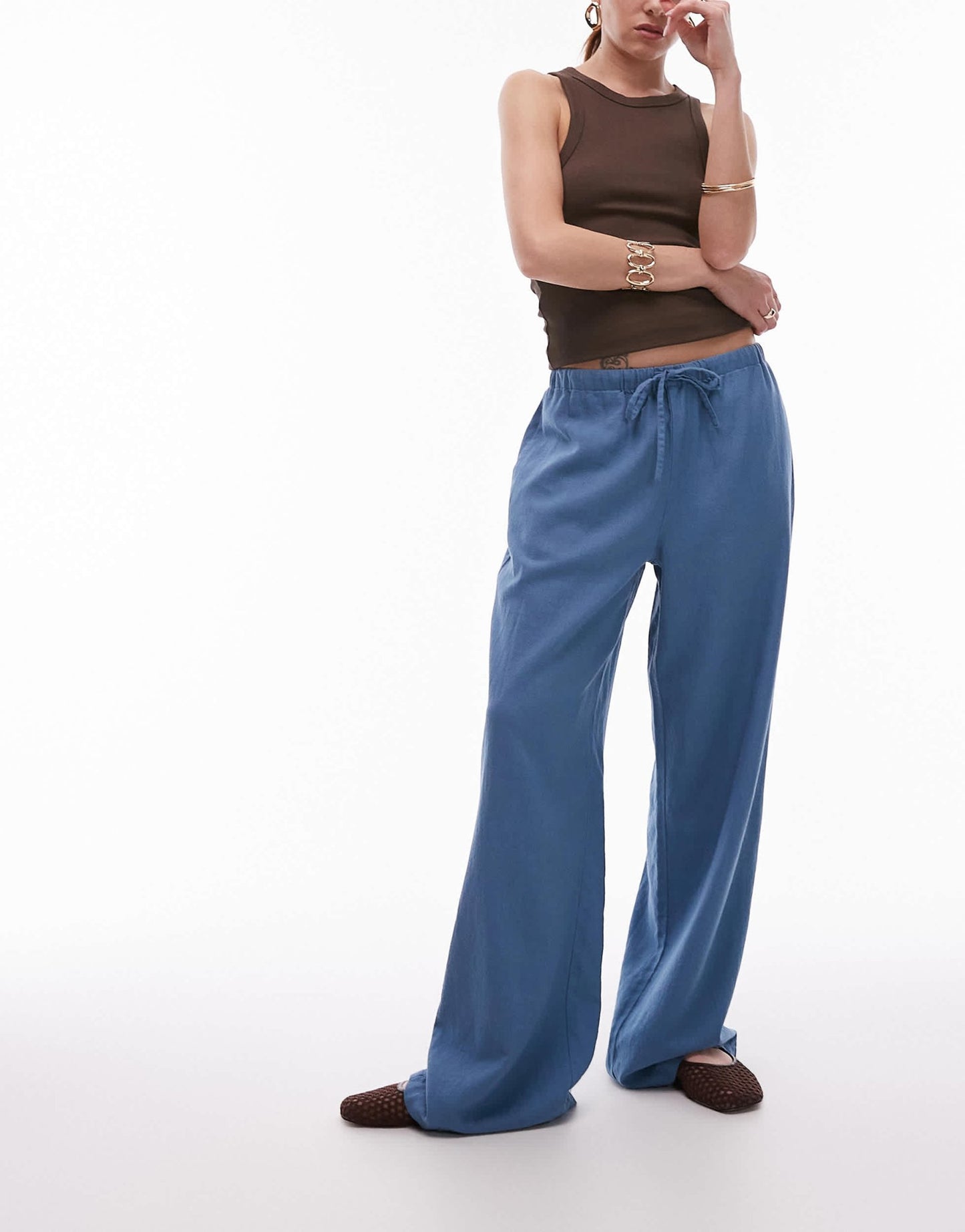 Topshop linen straight leg trouser in denim blue - ASOS Sample Sale
