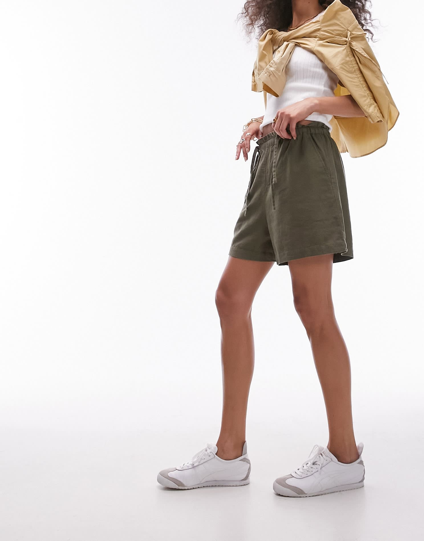 Topshop linen tie front short in khaki - ASOS Sample Sale