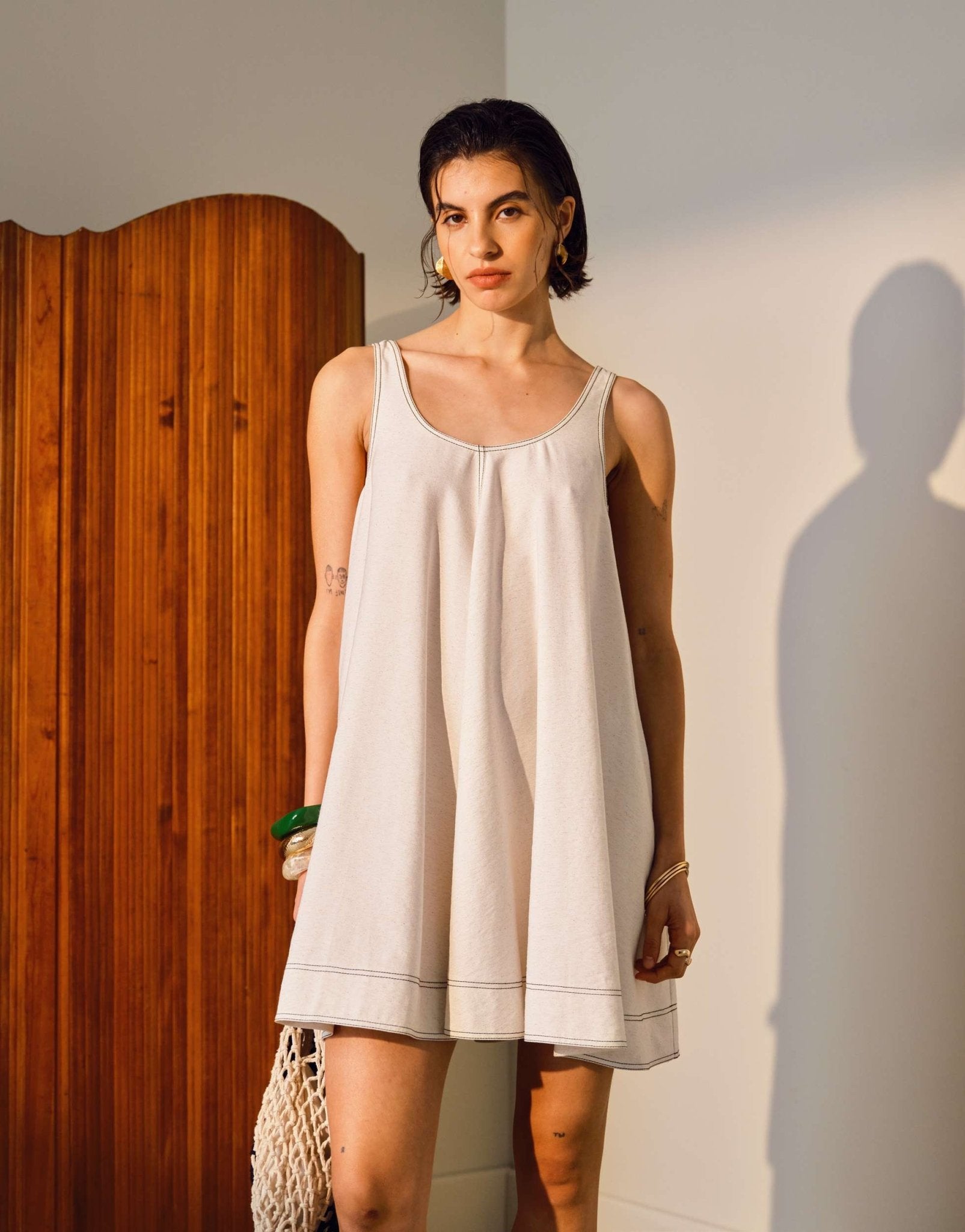 Topshop linen trapeze mini dress with deep hem in natural with contrast stitch - ASOS Sample Sale