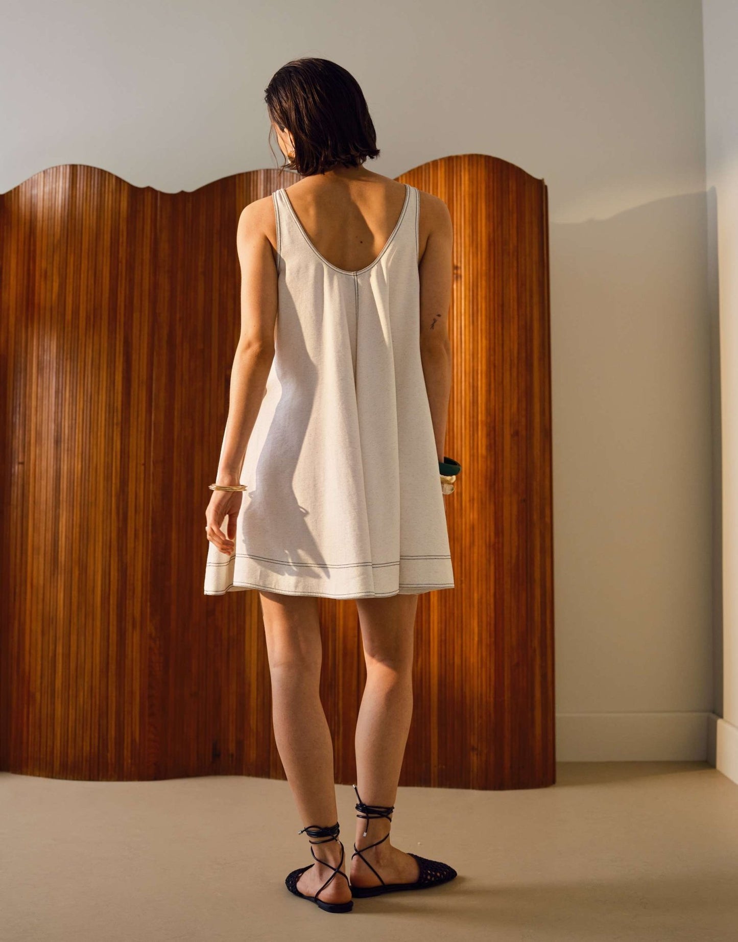 Topshop linen trapeze mini dress with deep hem in natural with contrast stitch - ASOS Sample Sale