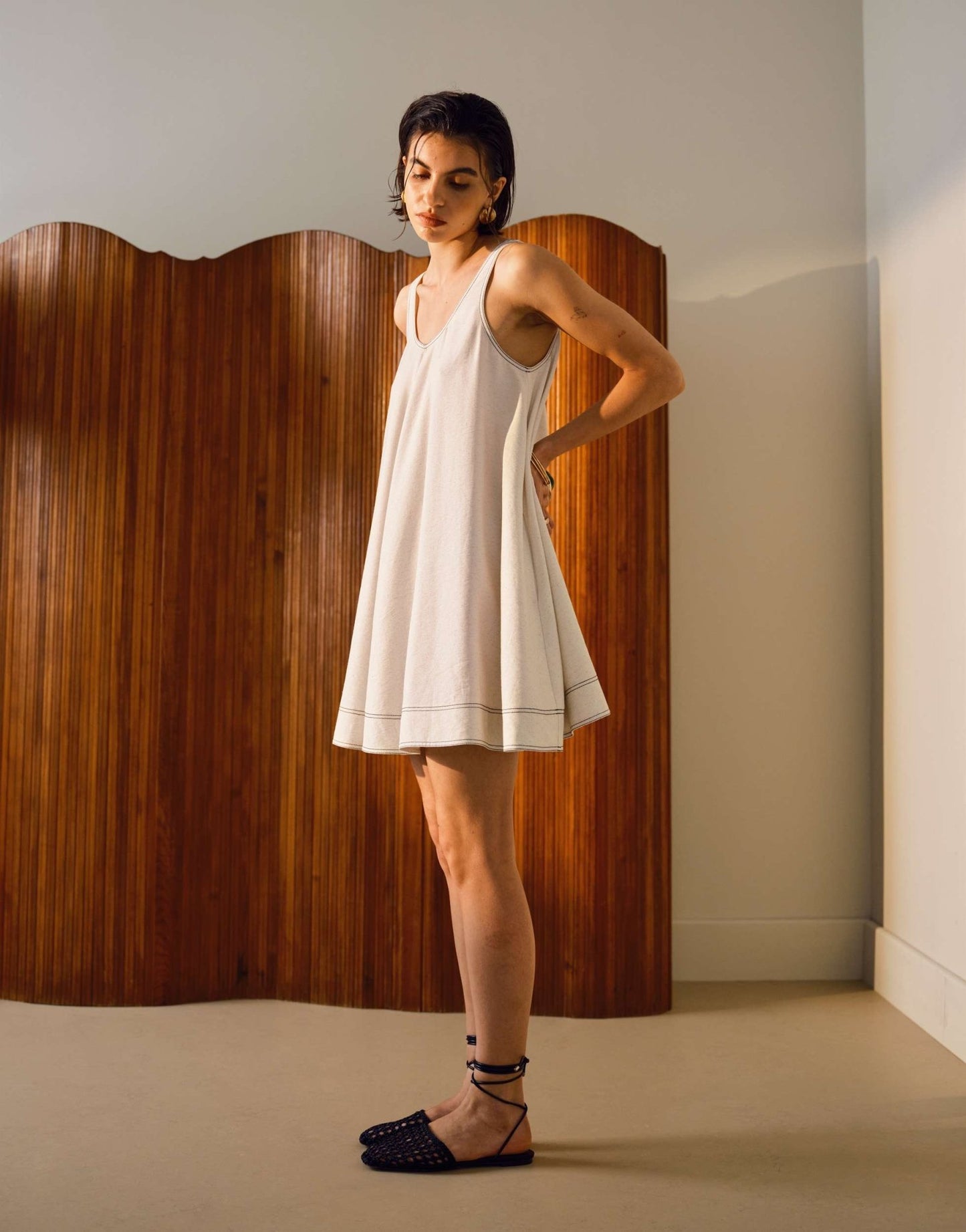 Topshop linen trapeze mini dress with deep hem in natural with contrast stitch - ASOS Sample Sale