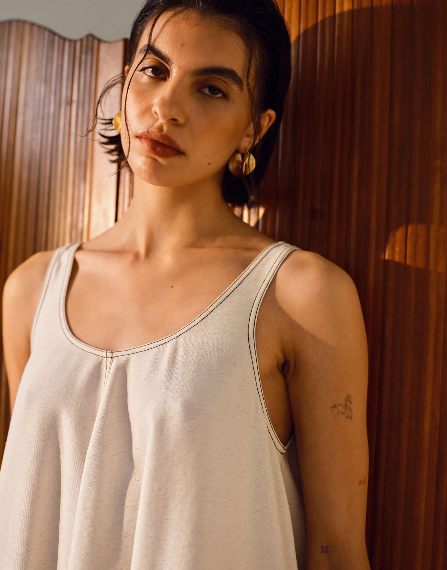 Topshop linen trapeze mini dress with deep hem in natural with contrast stitch - ASOS Sample Sale