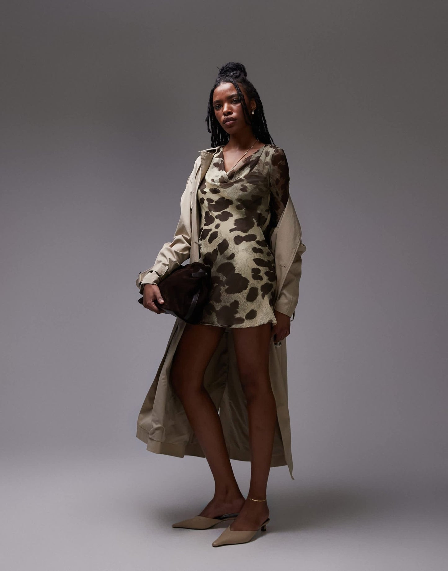 Topshop long sleeve cowl neck mini tea dress in blurred animal - ASOS Sample Sale