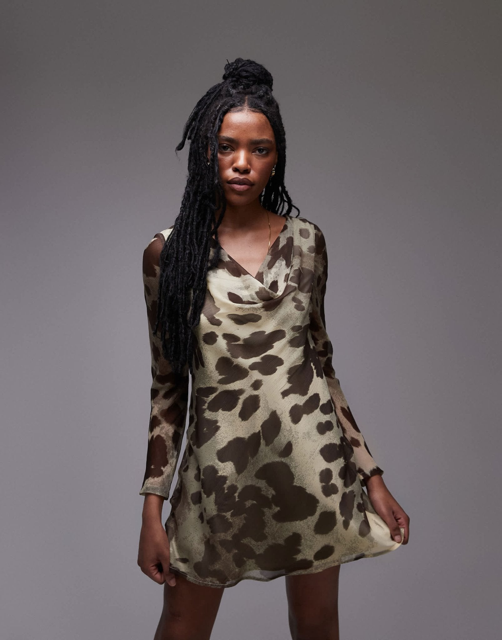 Topshop long sleeve cowl neck mini tea dress in blurred animal - ASOS Sample Sale