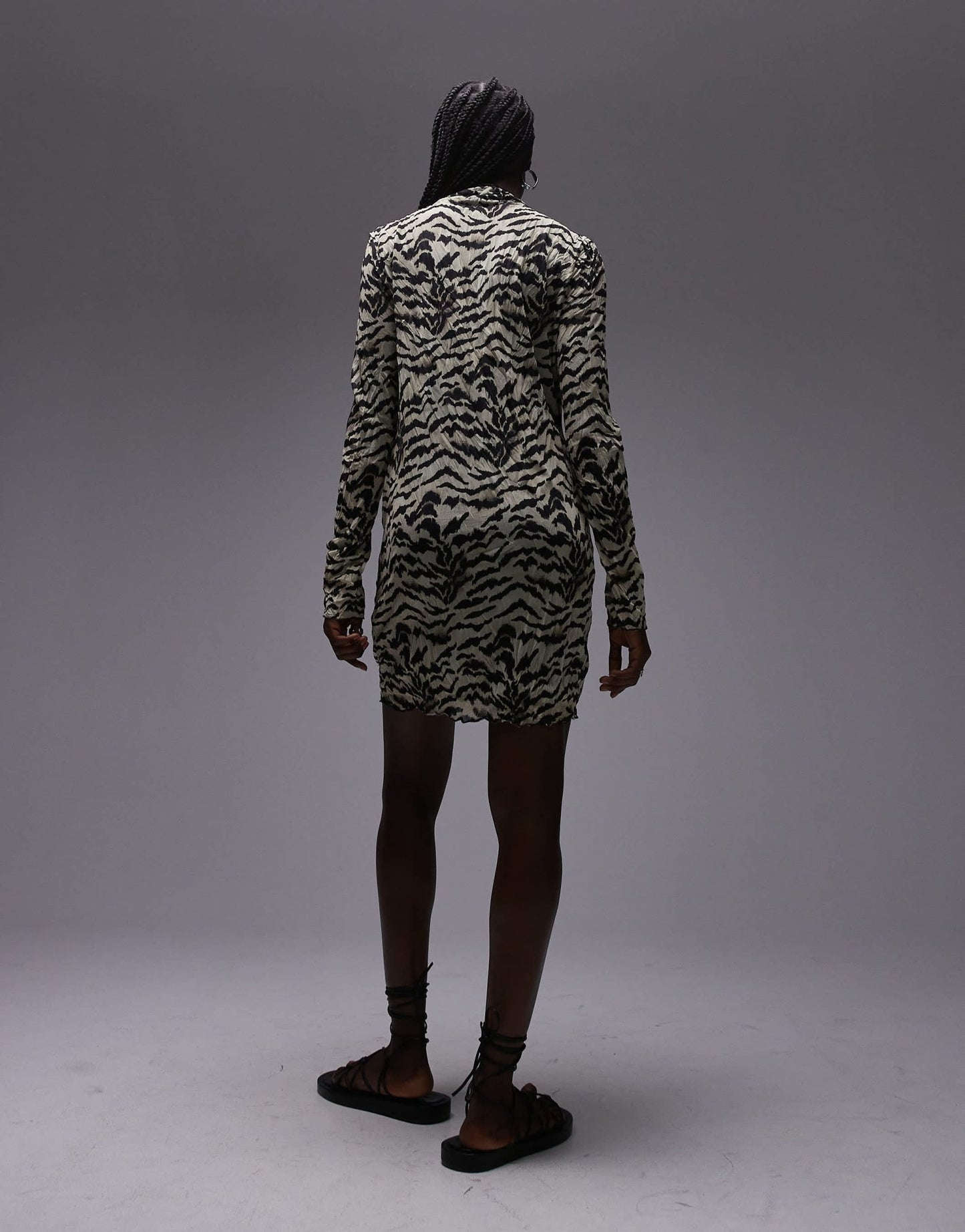 Topshop long sleeve crinkle print mini dress in animal - ASOS Sample Sale