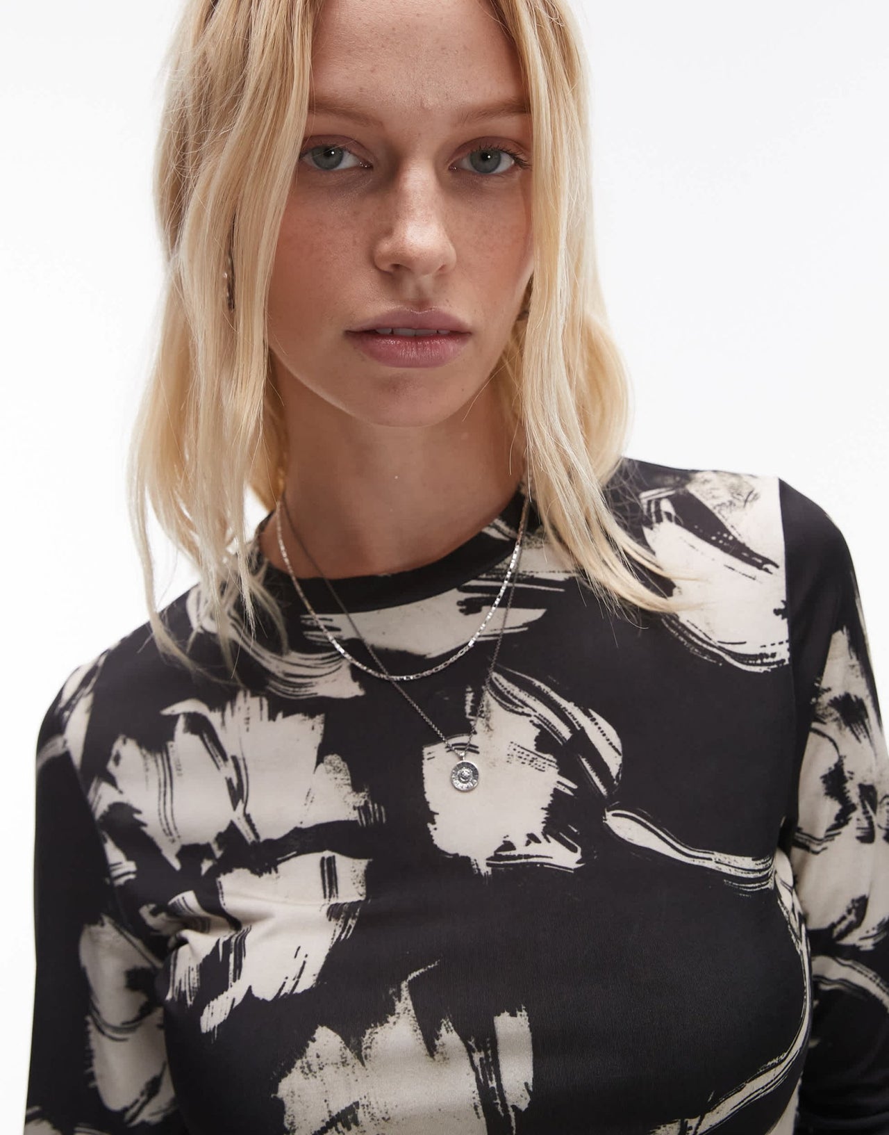 Topshop long sleeve floral microfibre mono top in black - ASOS Sample Sale