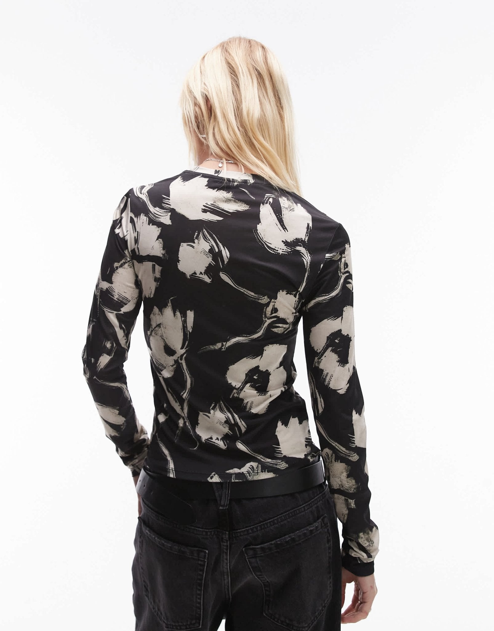Topshop long sleeve floral microfibre mono top in black - ASOS Sample Sale