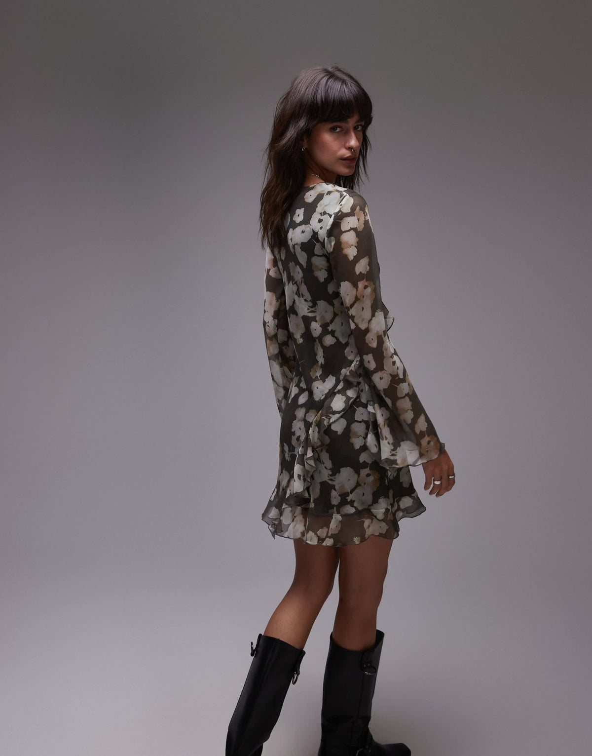 Topshop long sleeve frill mini tea dress watercolour floral - ASOS Sample Sale