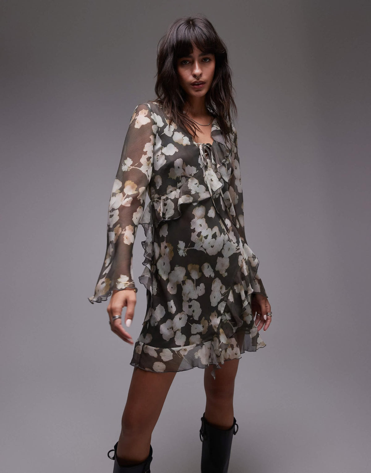 Topshop long sleeve frill mini tea dress watercolour floral - ASOS Sample Sale