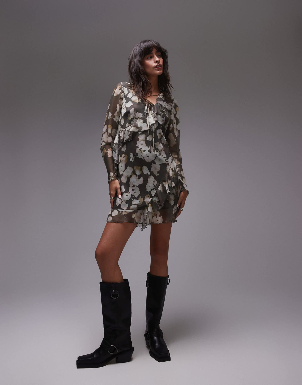 Topshop long sleeve frill mini tea dress watercolour floral - ASOS Sample Sale