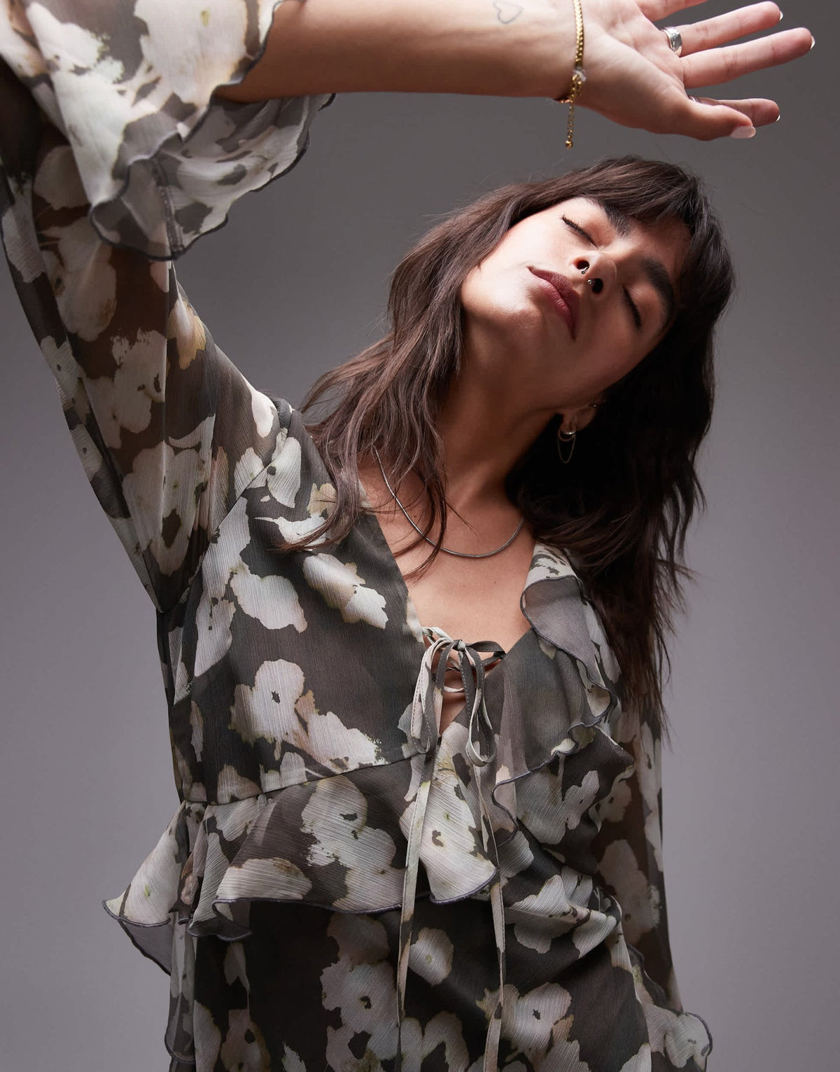 Topshop long sleeve frill mini tea dress watercolour floral - ASOS Sample Sale