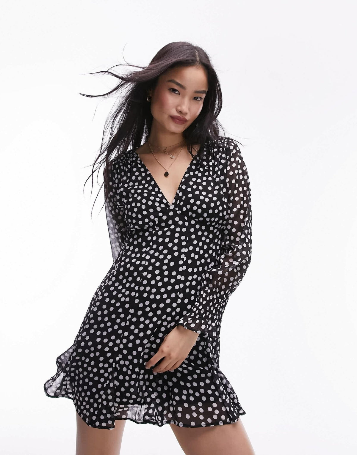 Topshop long sleeve godet mini tea dress in mono spot - ASOS Sample Sale