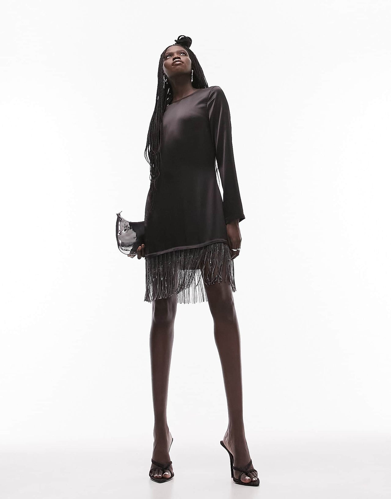 Topshop long sleeve midi dress with diamante tassel in black - ASOS Sample Sale