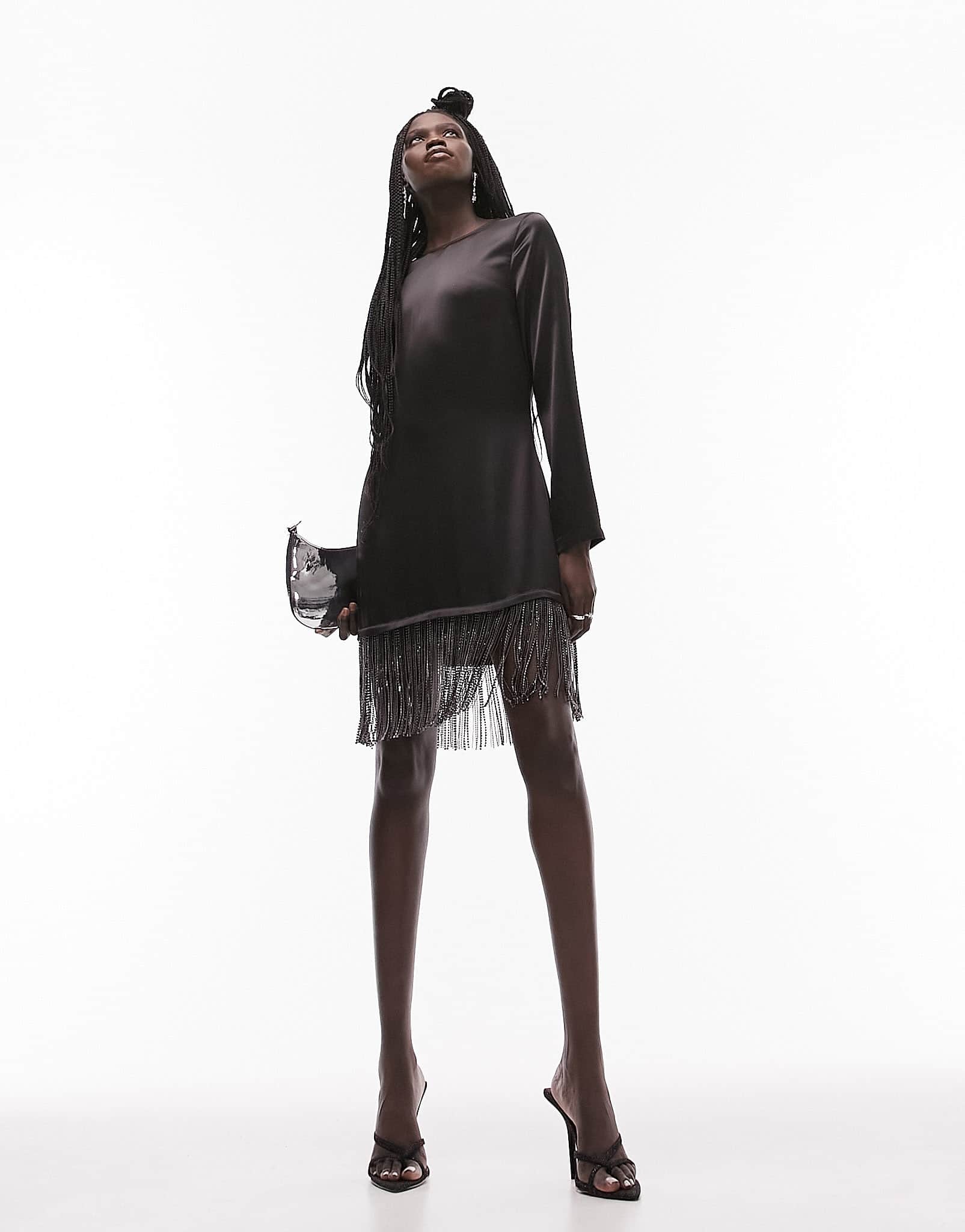 Topshop long sleeve midi dress with diamante tassel in black - ASOS Sample Sale