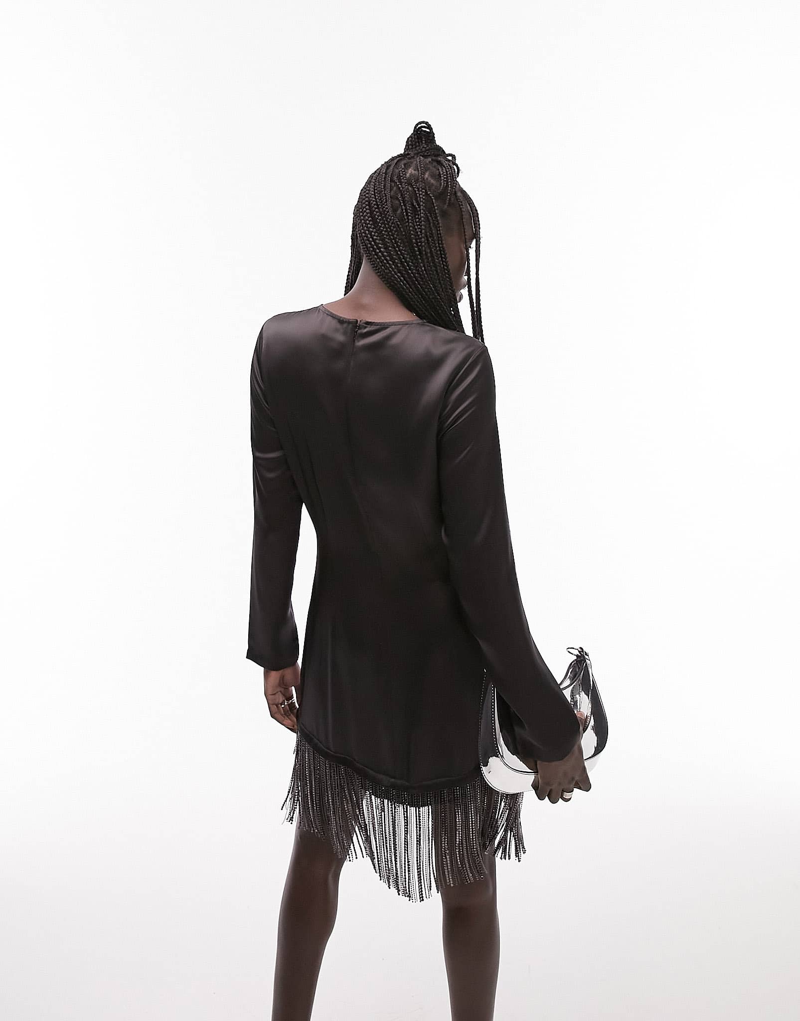 Topshop long sleeve midi dress with diamante tassel in black - ASOS Sample Sale