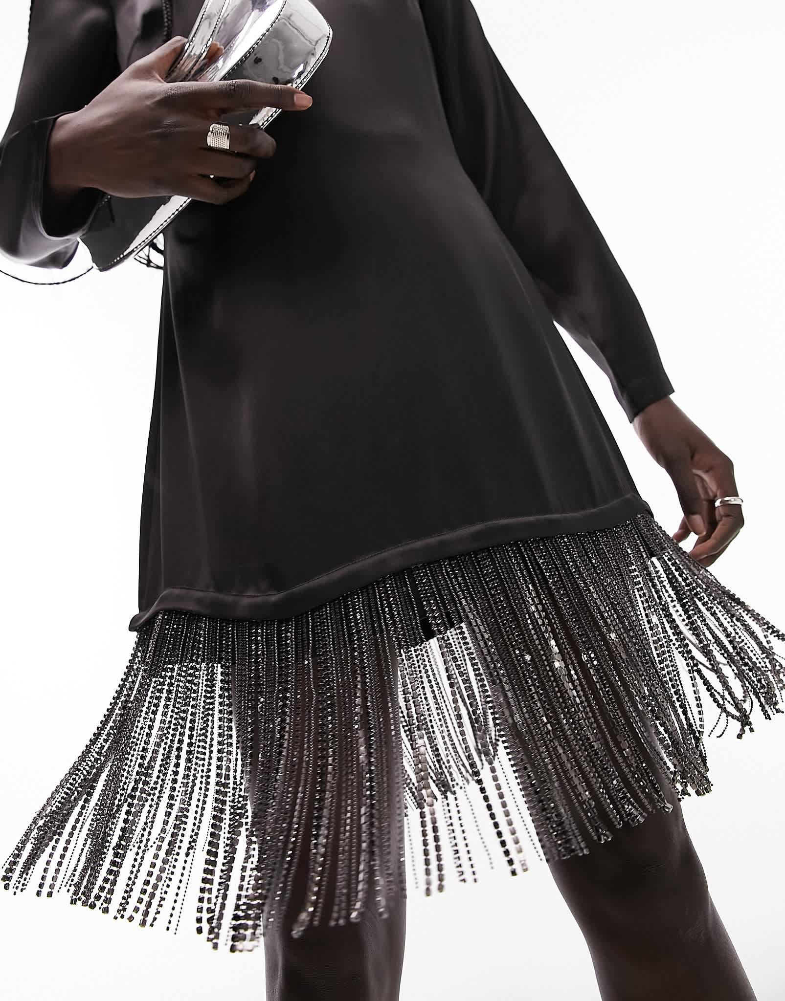 Topshop long sleeve midi dress with diamante tassel in black - ASOS Sample Sale