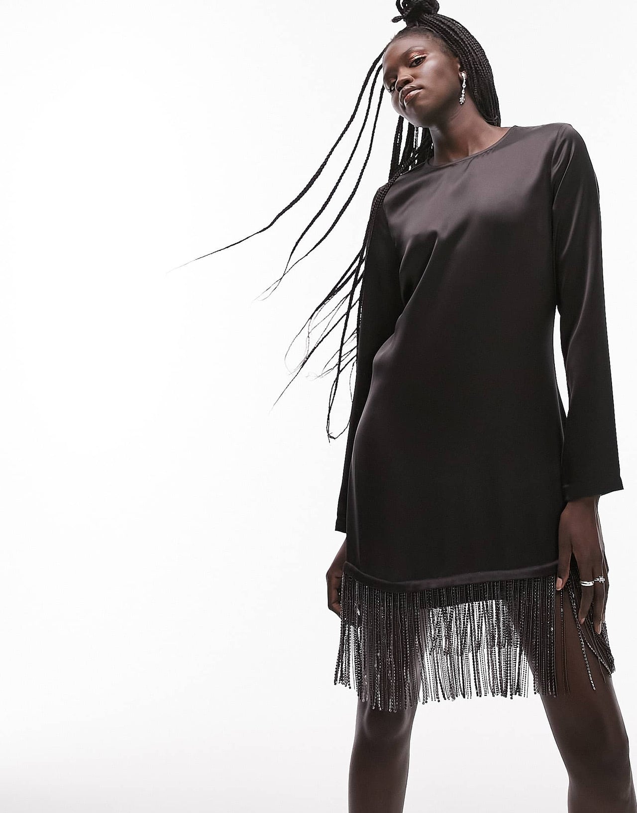 Topshop long sleeve midi dress with diamante tassel in black - ASOS Sample Sale
