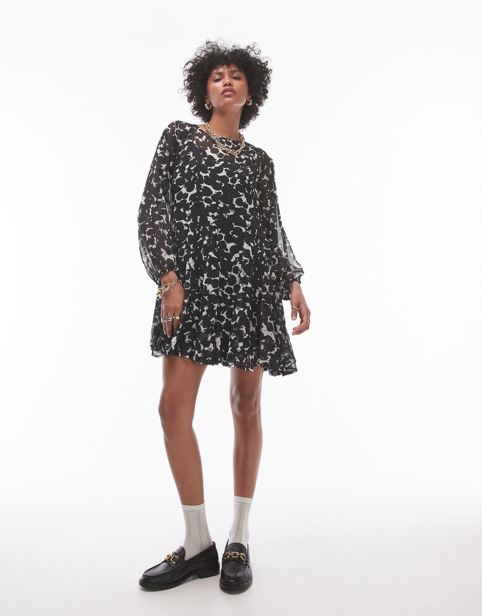 Topshop long sleeve mini tea dress in mono print - ASOS Sample Sale