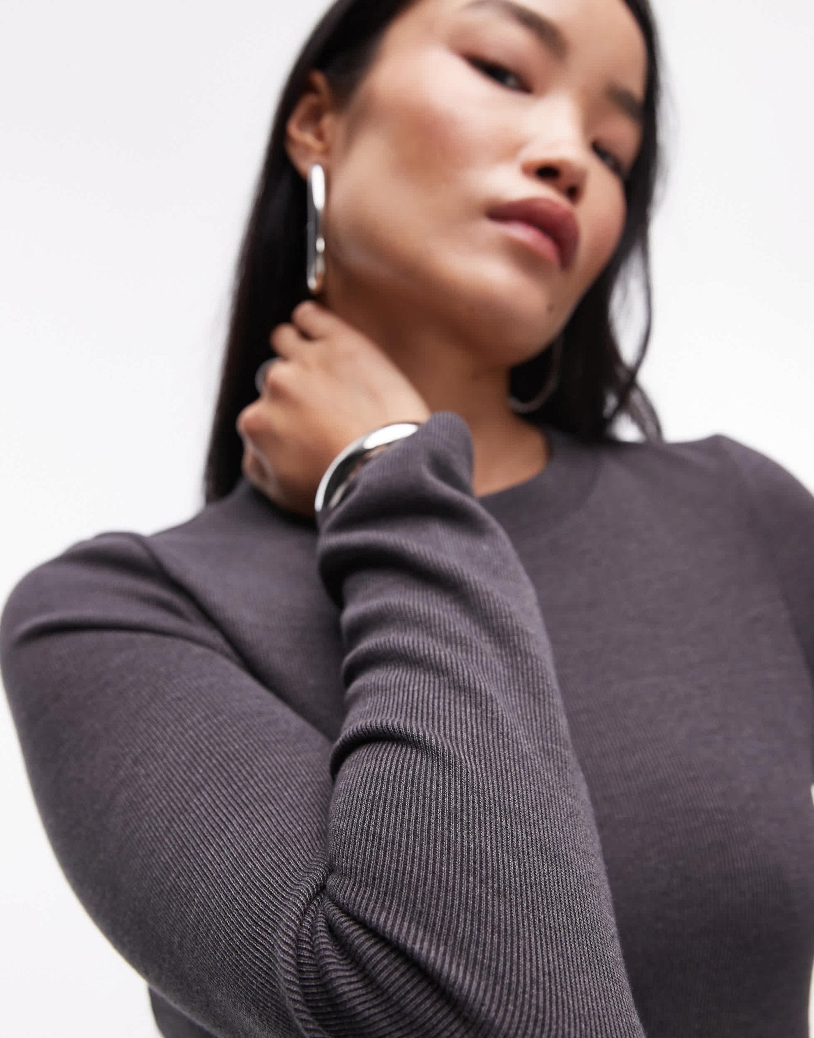 Topshop long sleeve rib mini dress in grey - ASOS Sample Sale