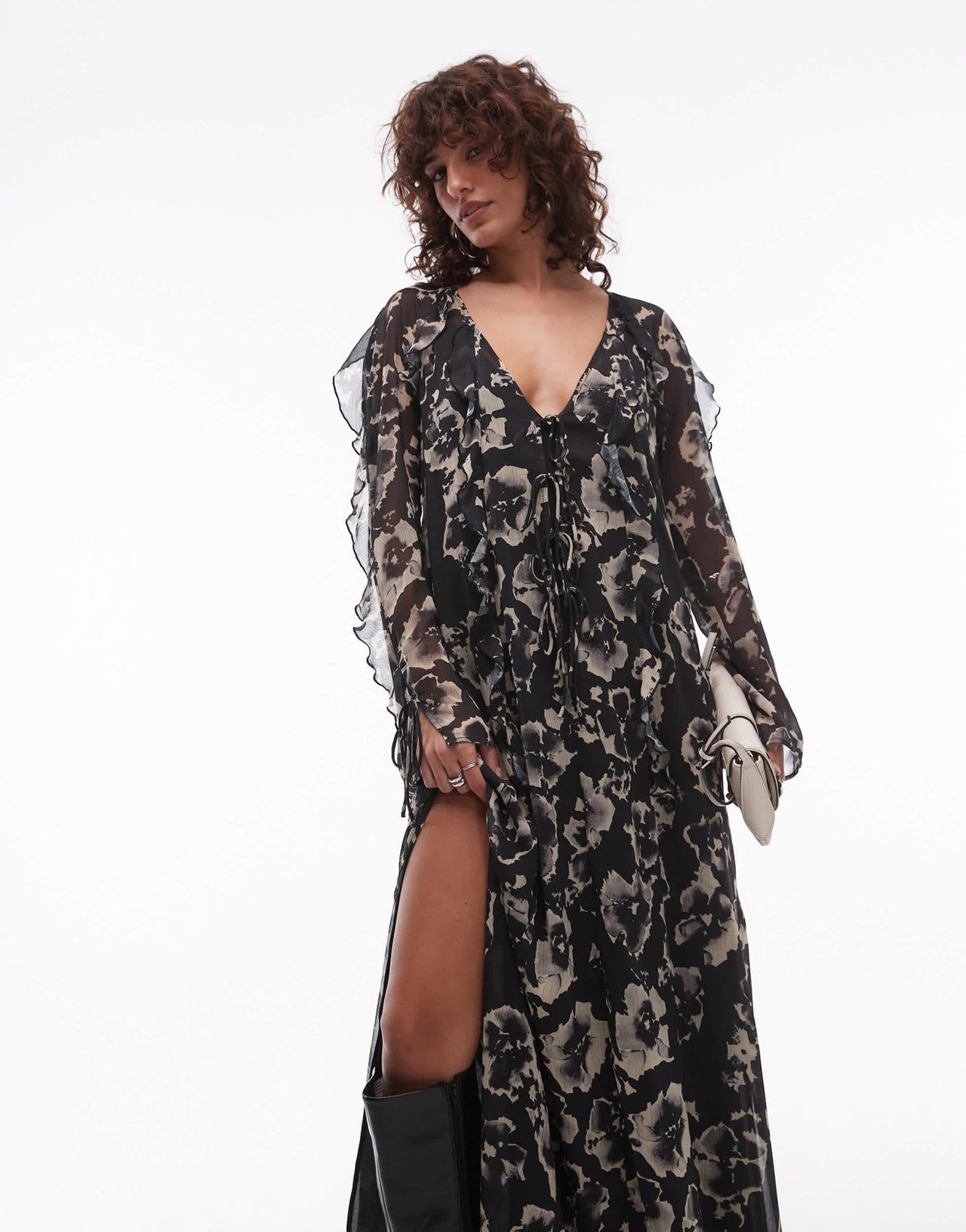Topshop long sleeve ruffle midi dress in mono floral - ASOS Sample Sale