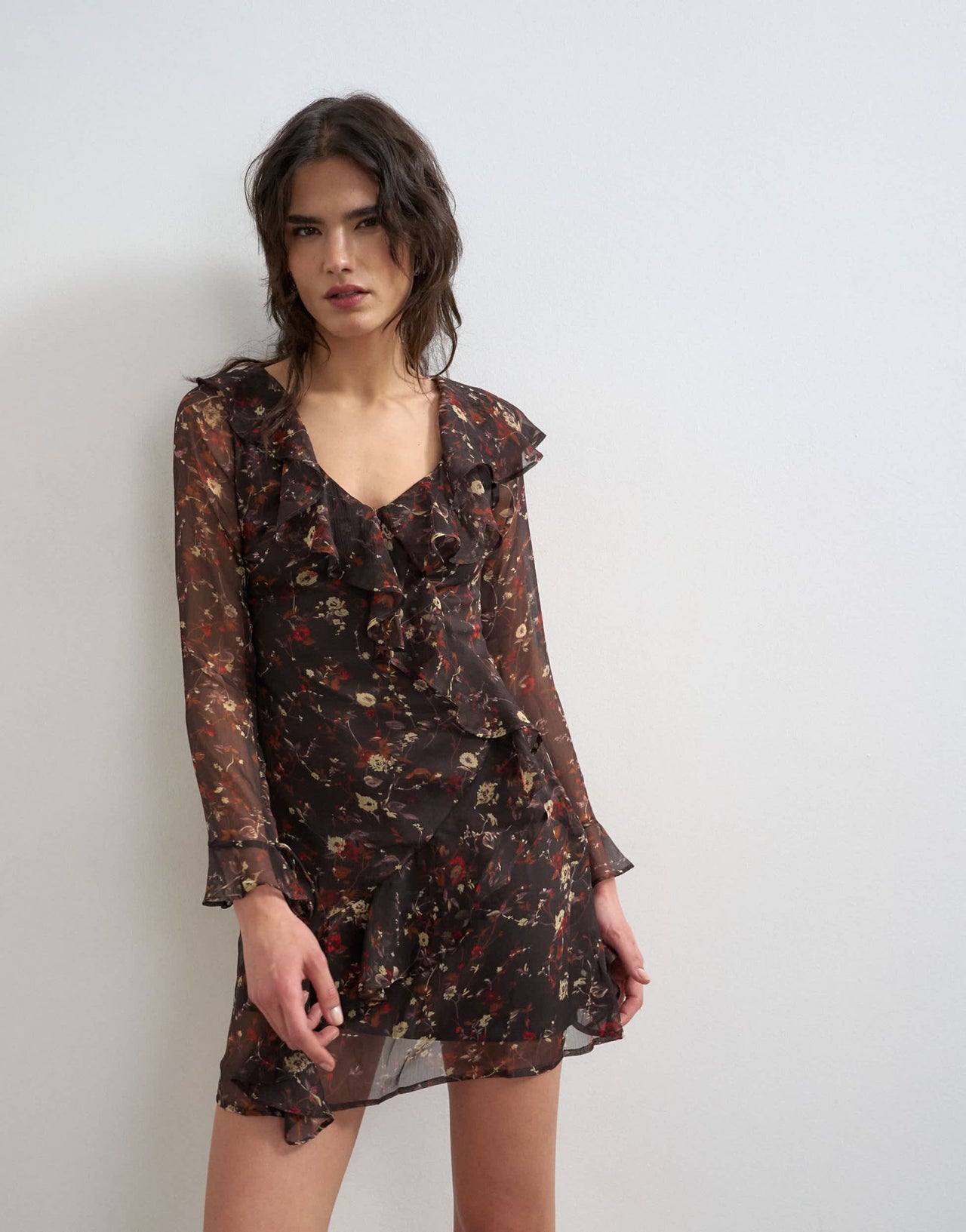 Topshop long sleeve ruffle mini dress in black base pink ditsy floral - ASOS Sample Sale