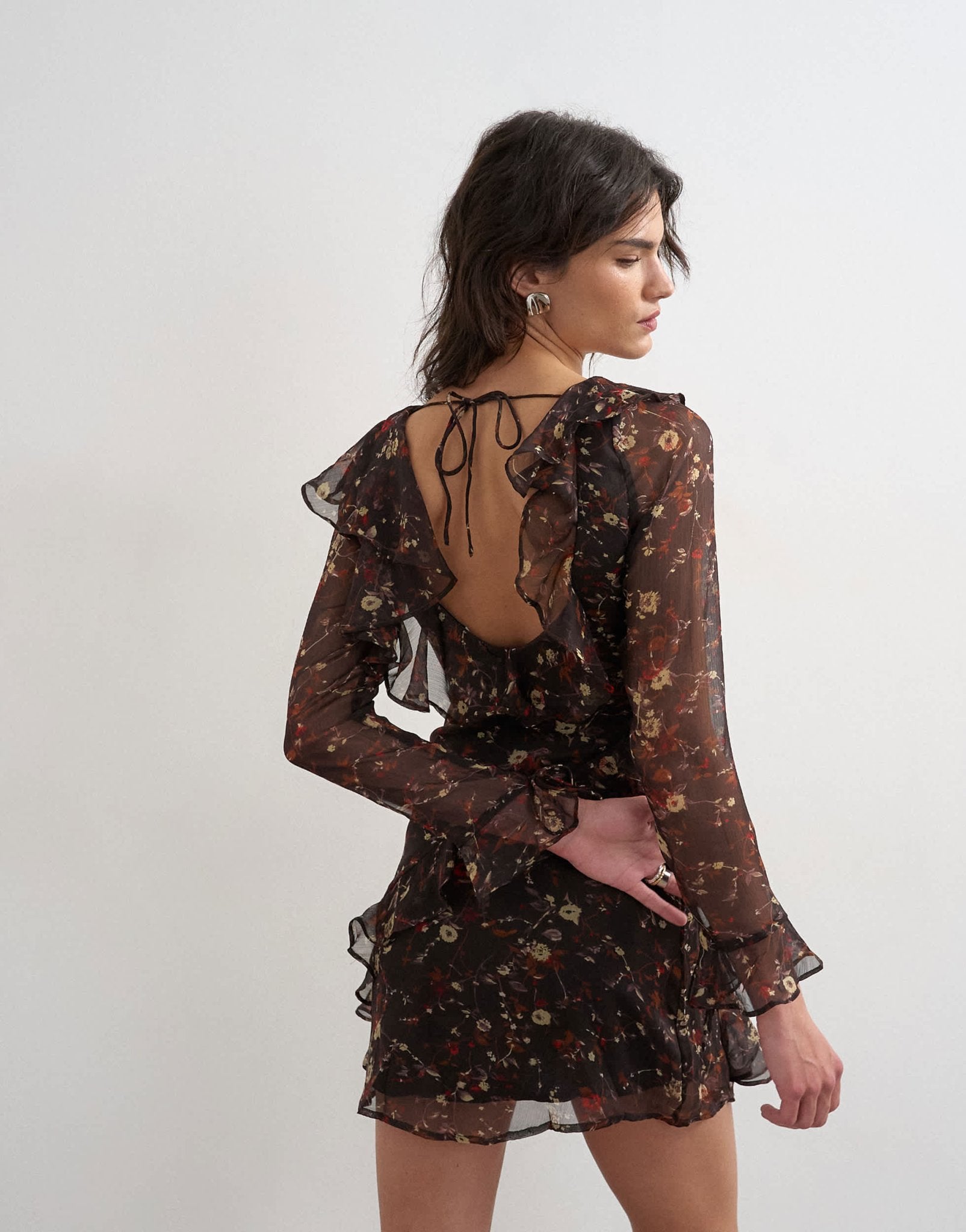 Topshop long sleeve ruffle mini dress in black base pink ditsy floral - ASOS Sample Sale