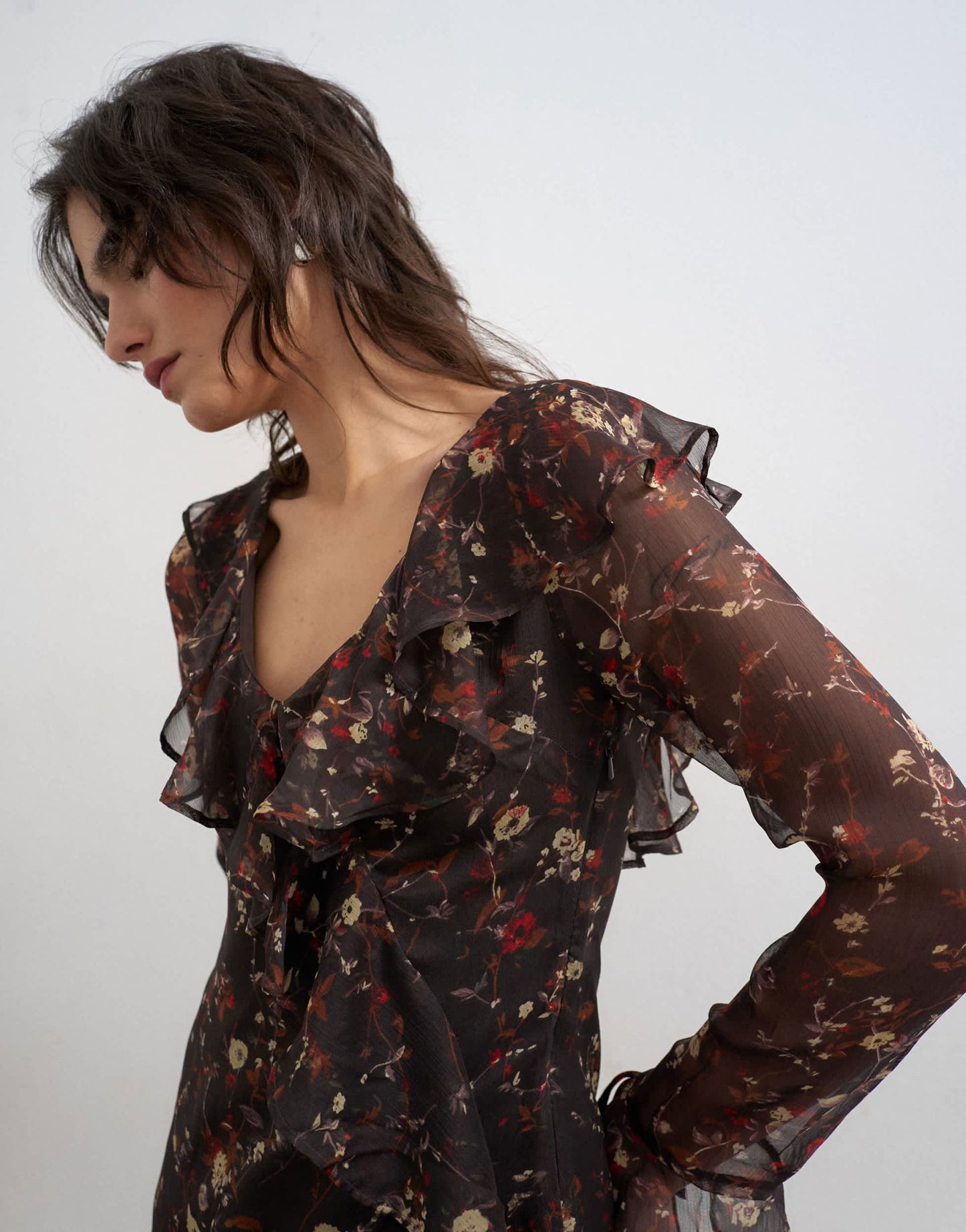 Topshop long sleeve ruffle mini dress in black base pink ditsy floral - ASOS Sample Sale