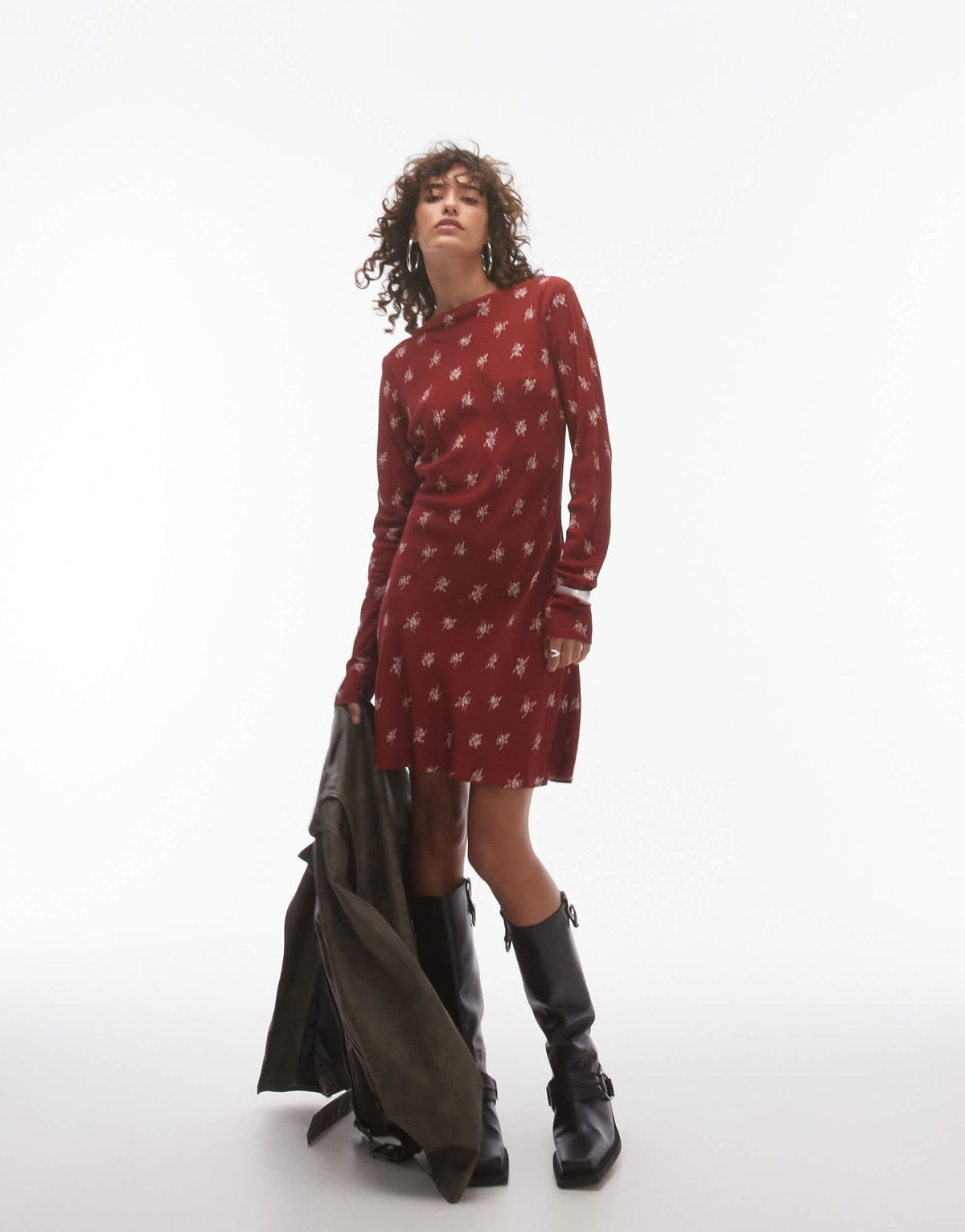 Topshop long sleeve slash neck mini dress in rust floral - ASOS Sample Sale