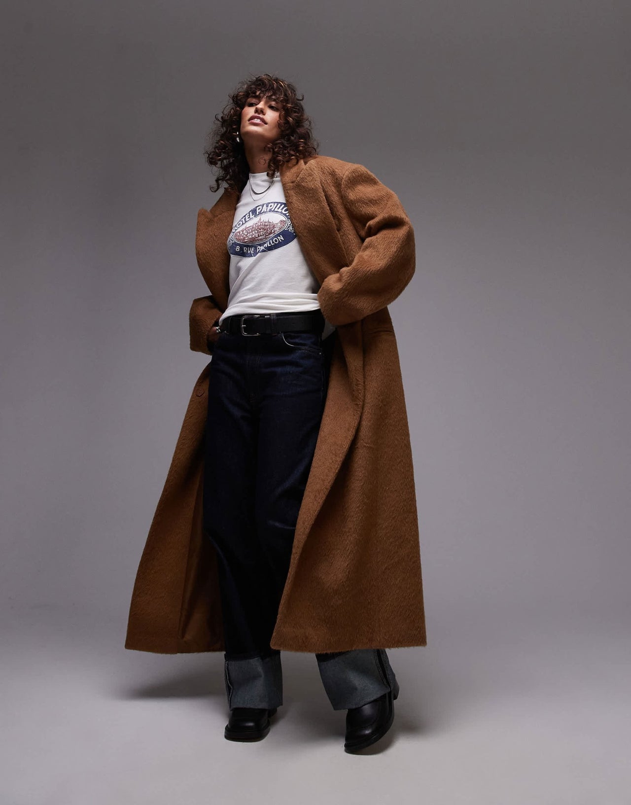 Topshop longline brushed popper coat in camel - ASOS Sample Sale