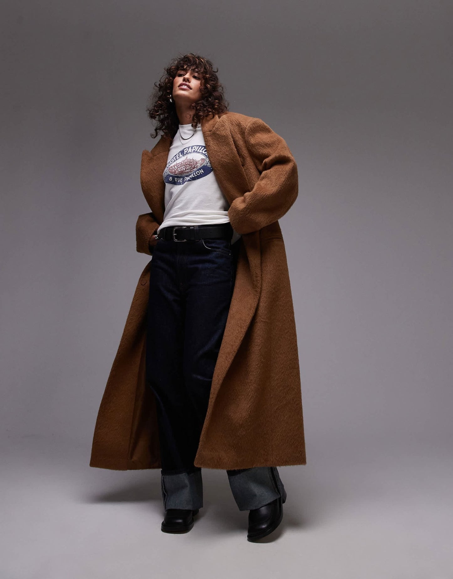 Topshop longline brushed popper coat in camel - ASOS Sample Sale