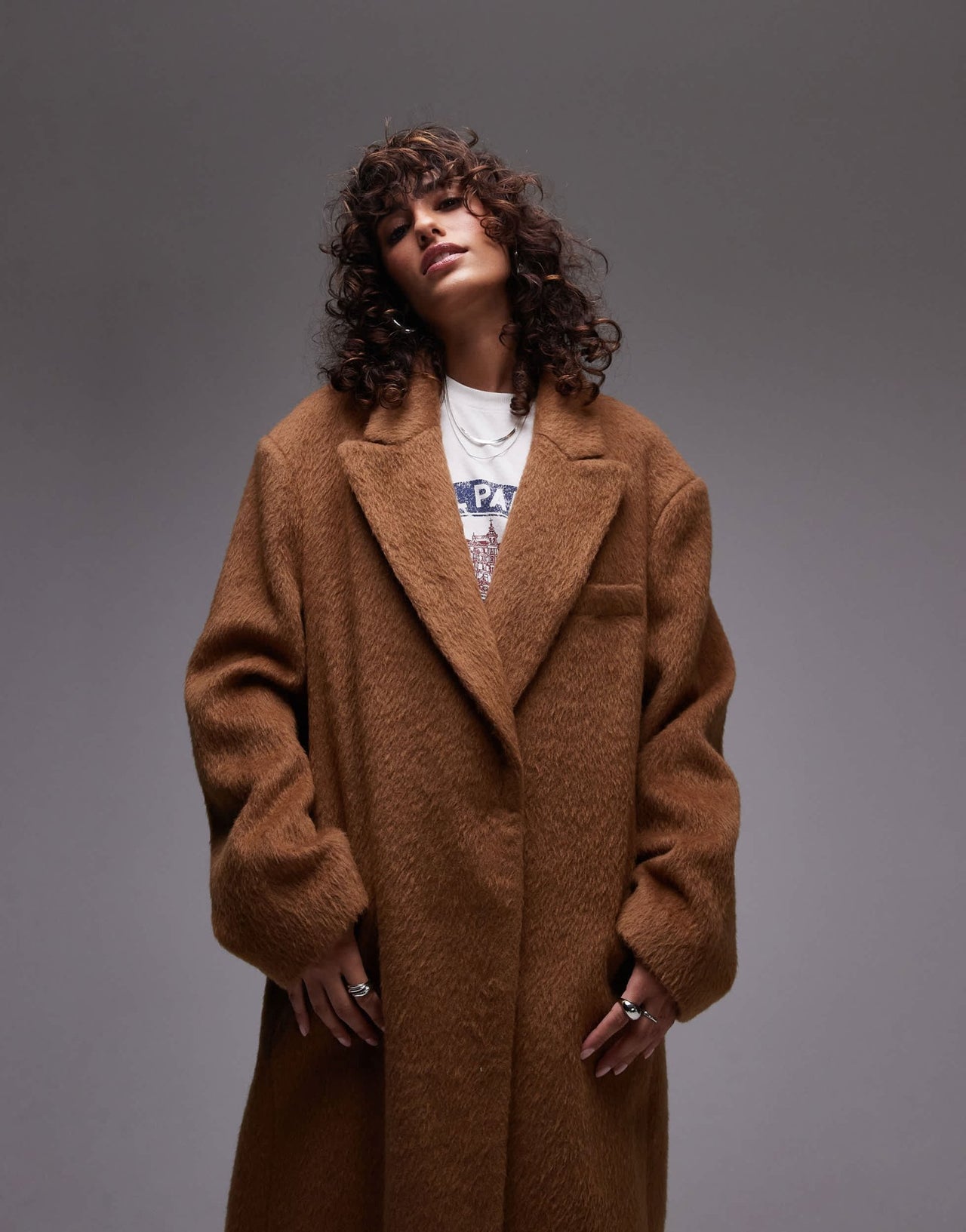 Topshop longline brushed popper coat in camel - ASOS Sample Sale