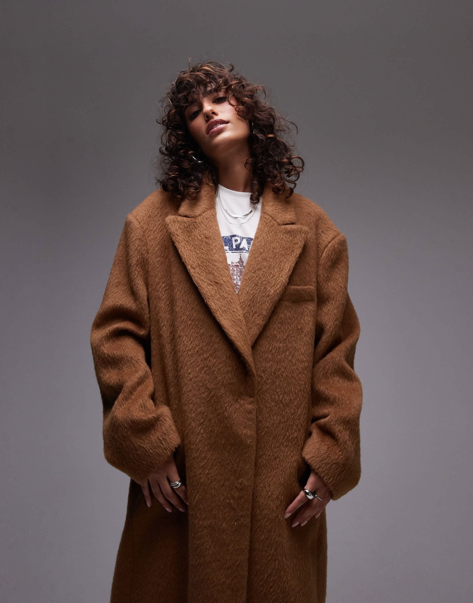 Topshop longline brushed popper coat in camel - ASOS Sample Sale