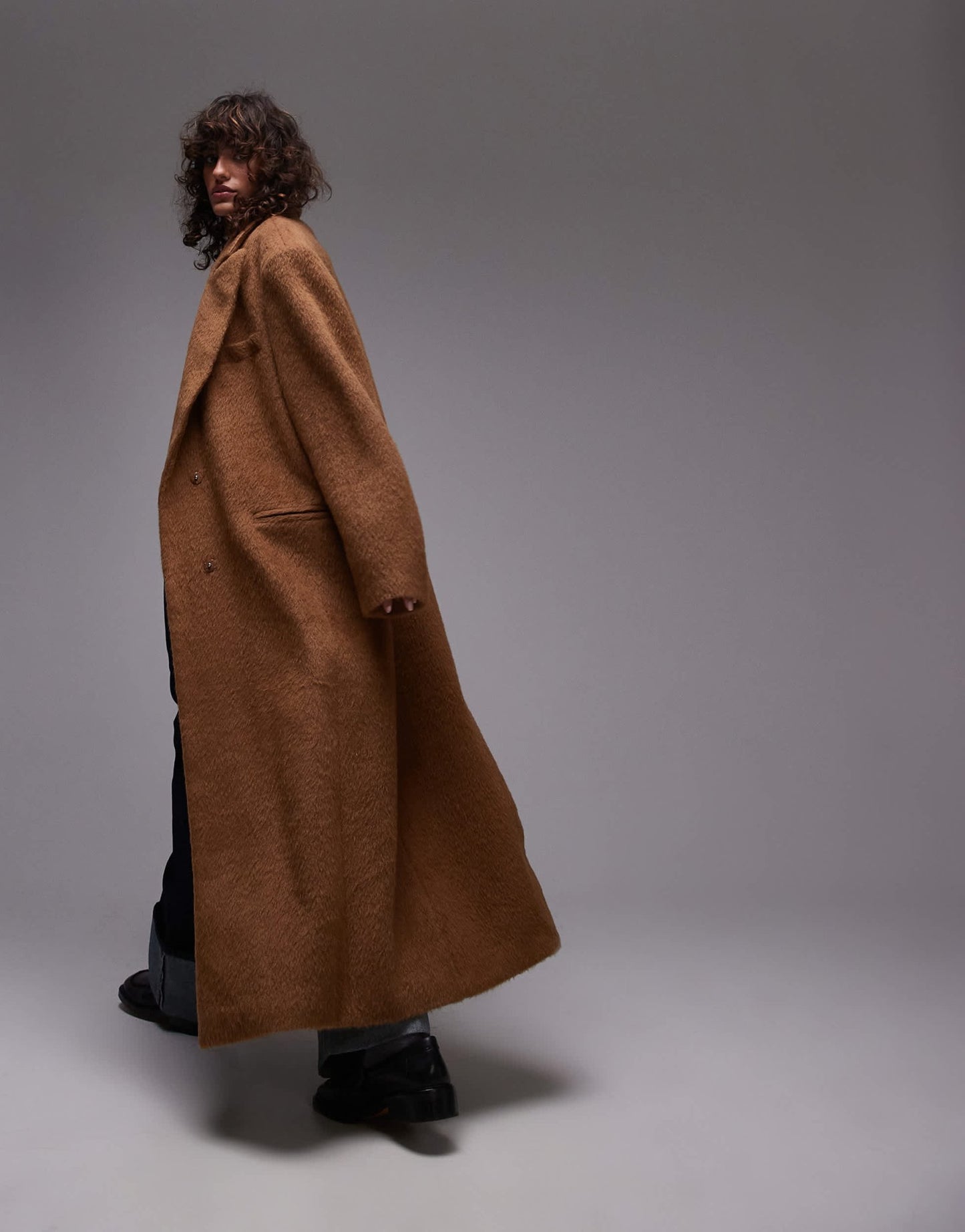 Topshop longline brushed popper coat in camel - ASOS Sample Sale