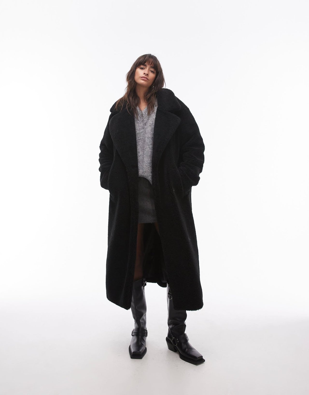 Topshop longline chuck on borg jacket in black - ASOS Sample Sale