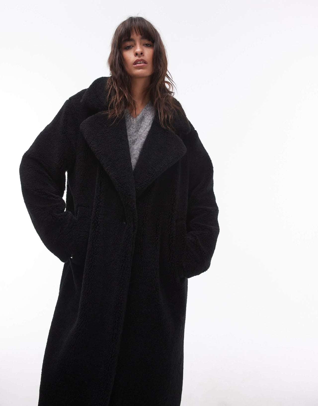 Topshop longline chuck on borg jacket in black - ASOS Sample Sale