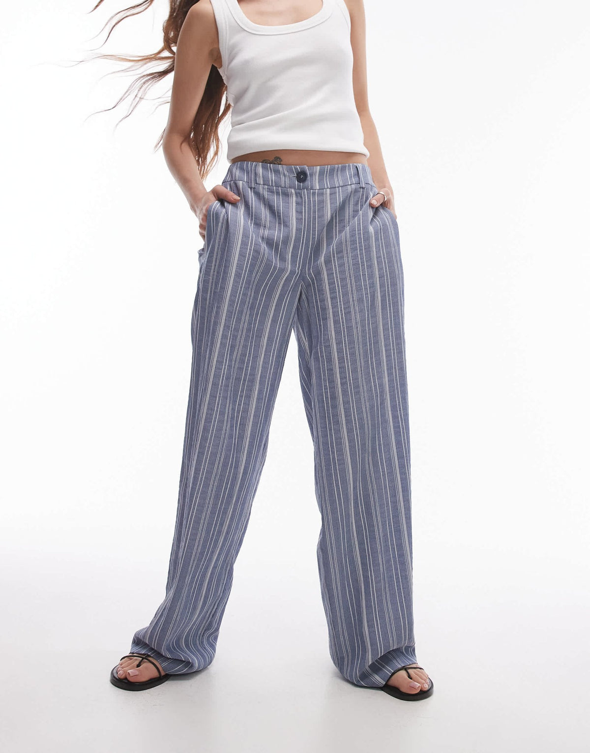 Topshop low slung tailored stripe trouser in blue - ASOS Sample Sale