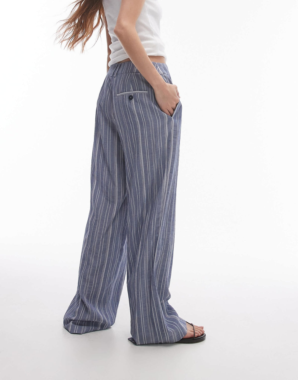 Topshop low slung tailored stripe trouser in blue - ASOS Sample Sale