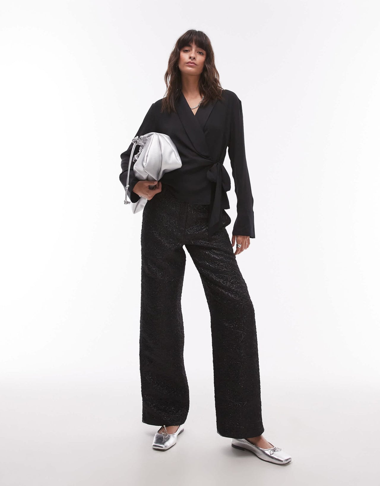 Topshop low slung trouser in textured jacquard in black - ASOS Sample Sale