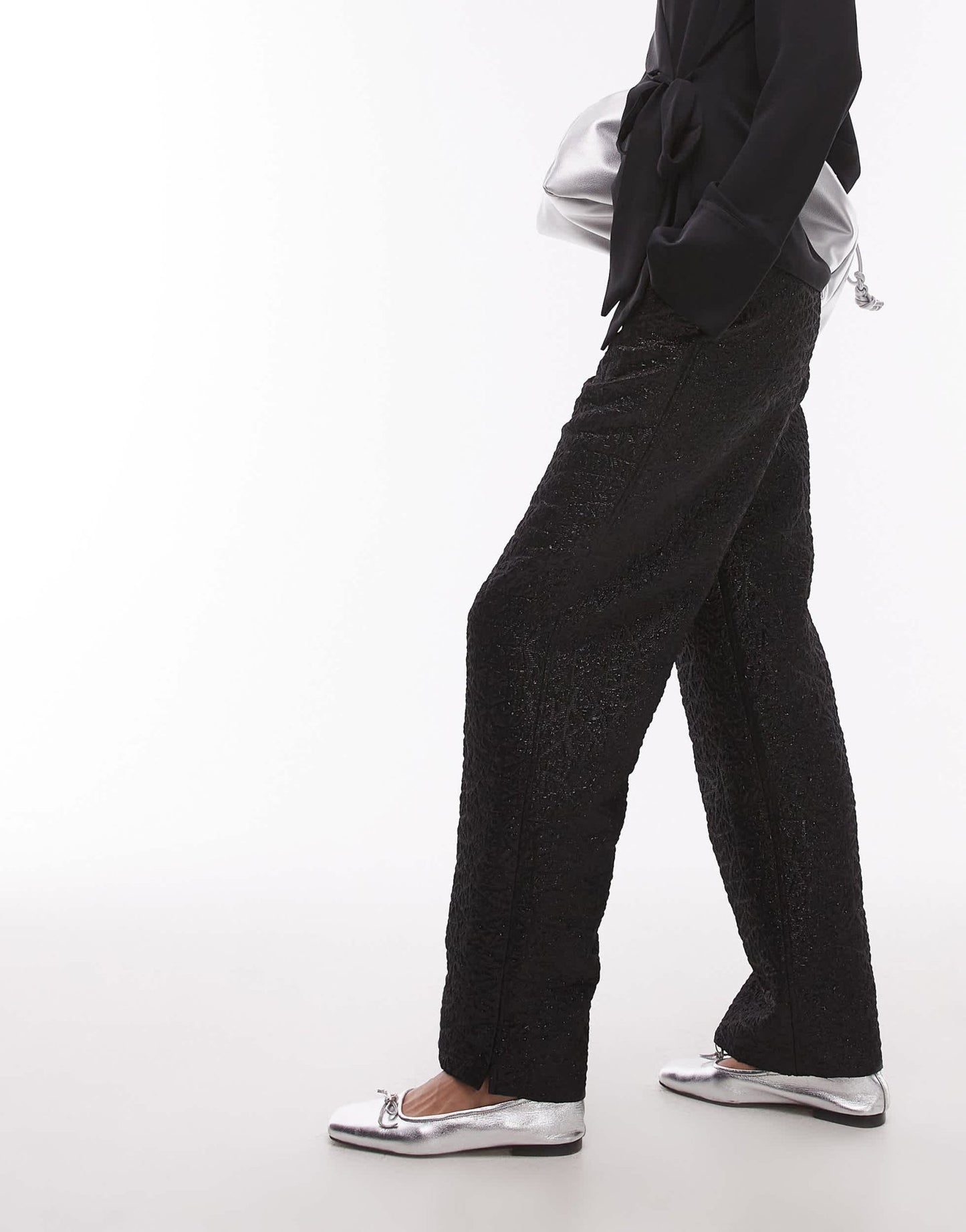 Topshop low slung trouser in textured jacquard in black - ASOS Sample Sale