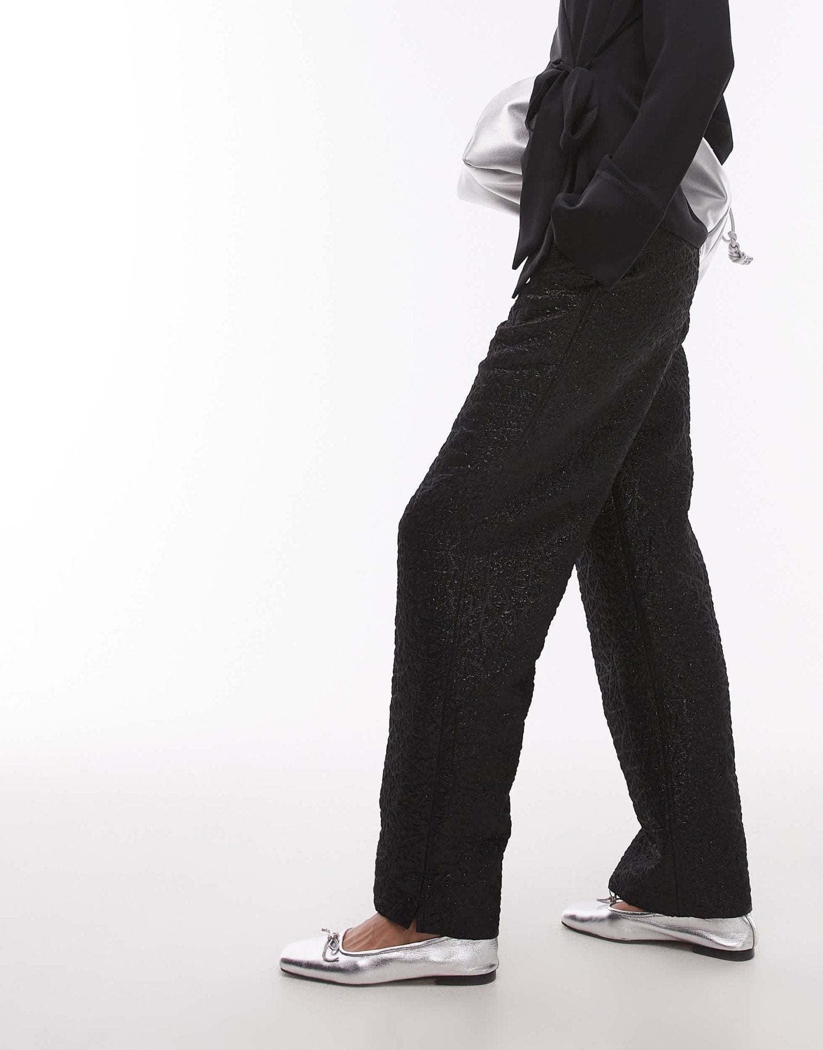 Topshop low slung trouser in textured jacquard in black - ASOS Sample Sale