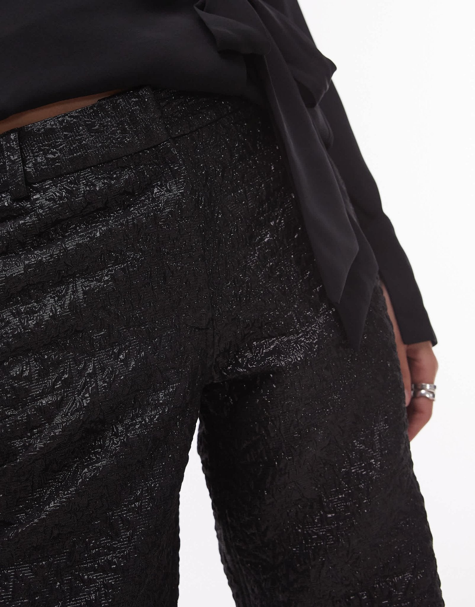 Topshop low slung trouser in textured jacquard in black - ASOS Sample Sale