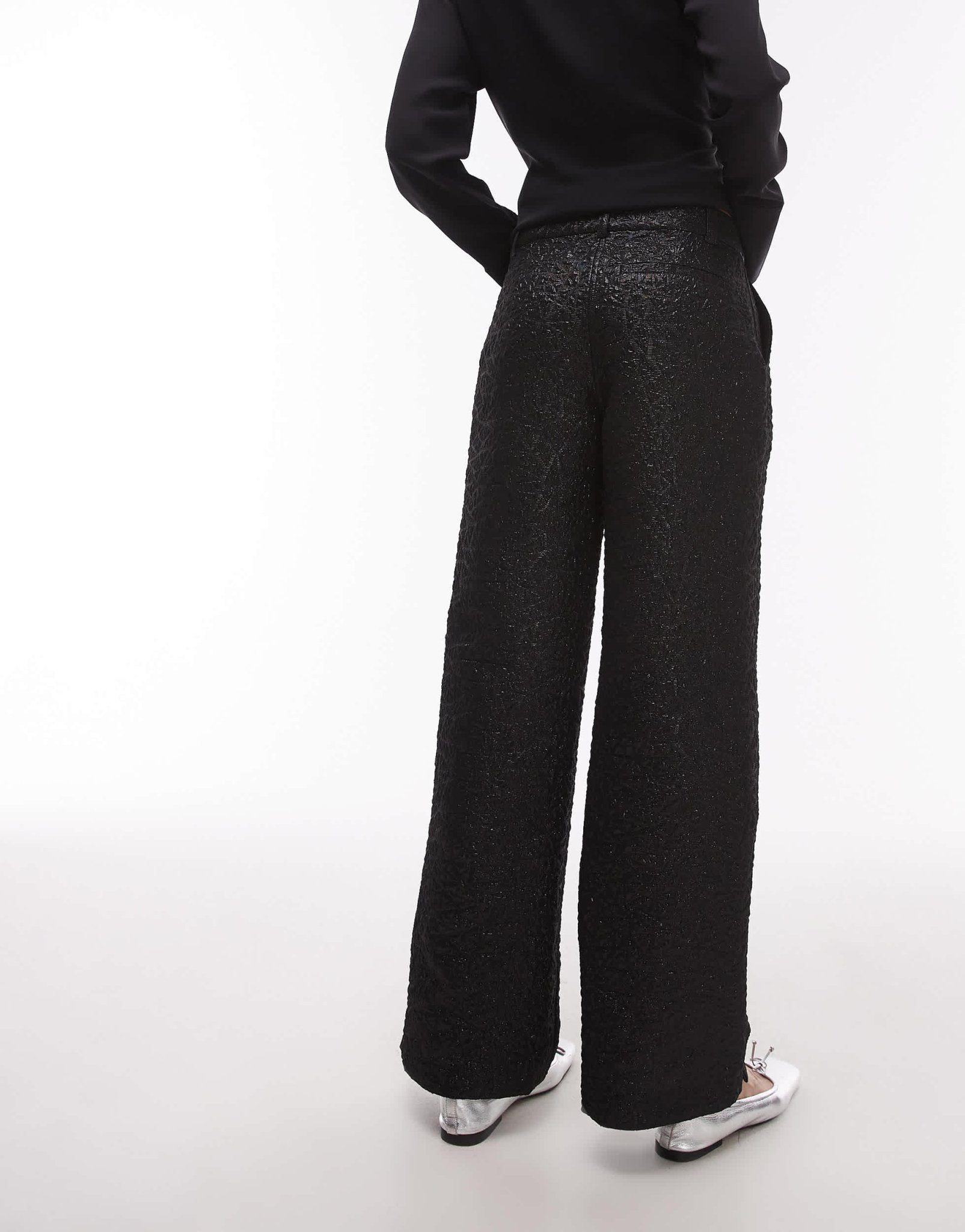 Topshop low slung trouser in textured jacquard in black - ASOS Sample Sale