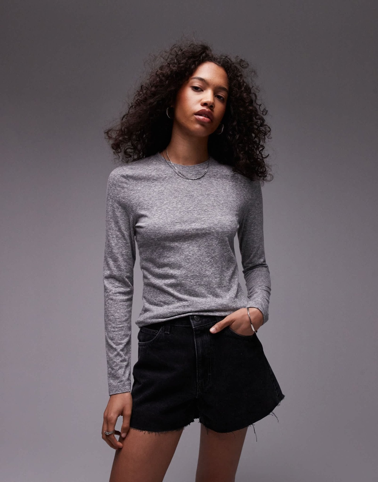 Topshop marled crew neck long sleeve top in grey marl - ASOS Sample Sale