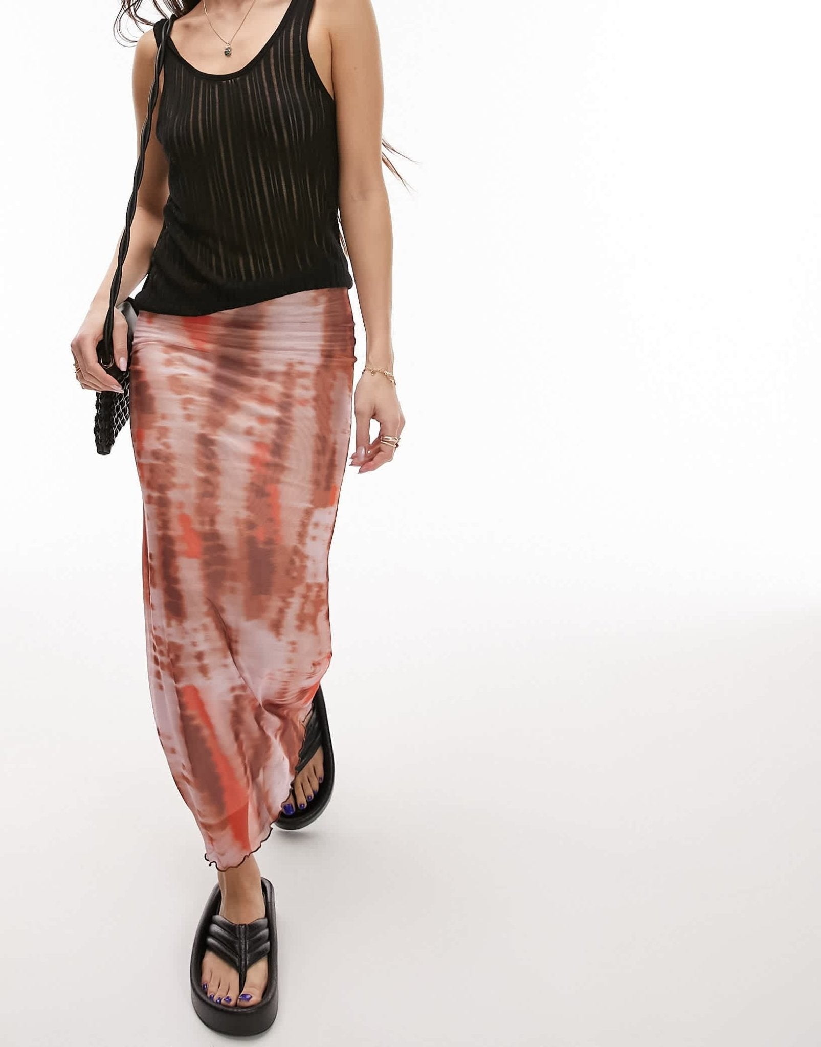 Topshop mesh tie dye picot trim midi skirt in red - ASOS Sample Sale