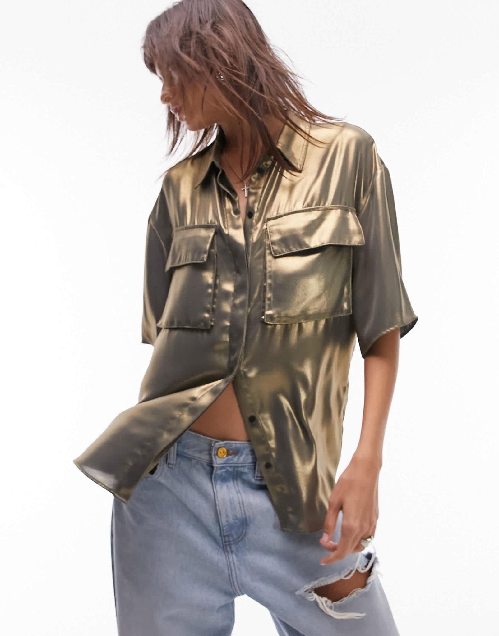 Topshop metallic shirt in gold - ASOS Sample Sale