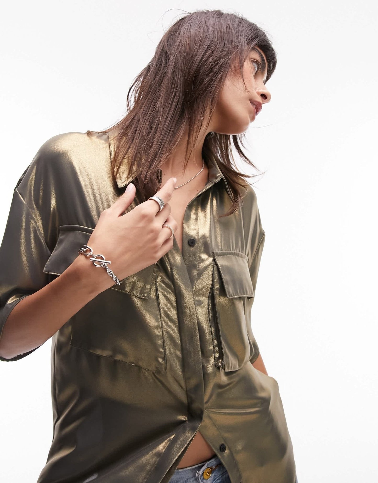 Topshop metallic shirt in gold - ASOS Sample Sale