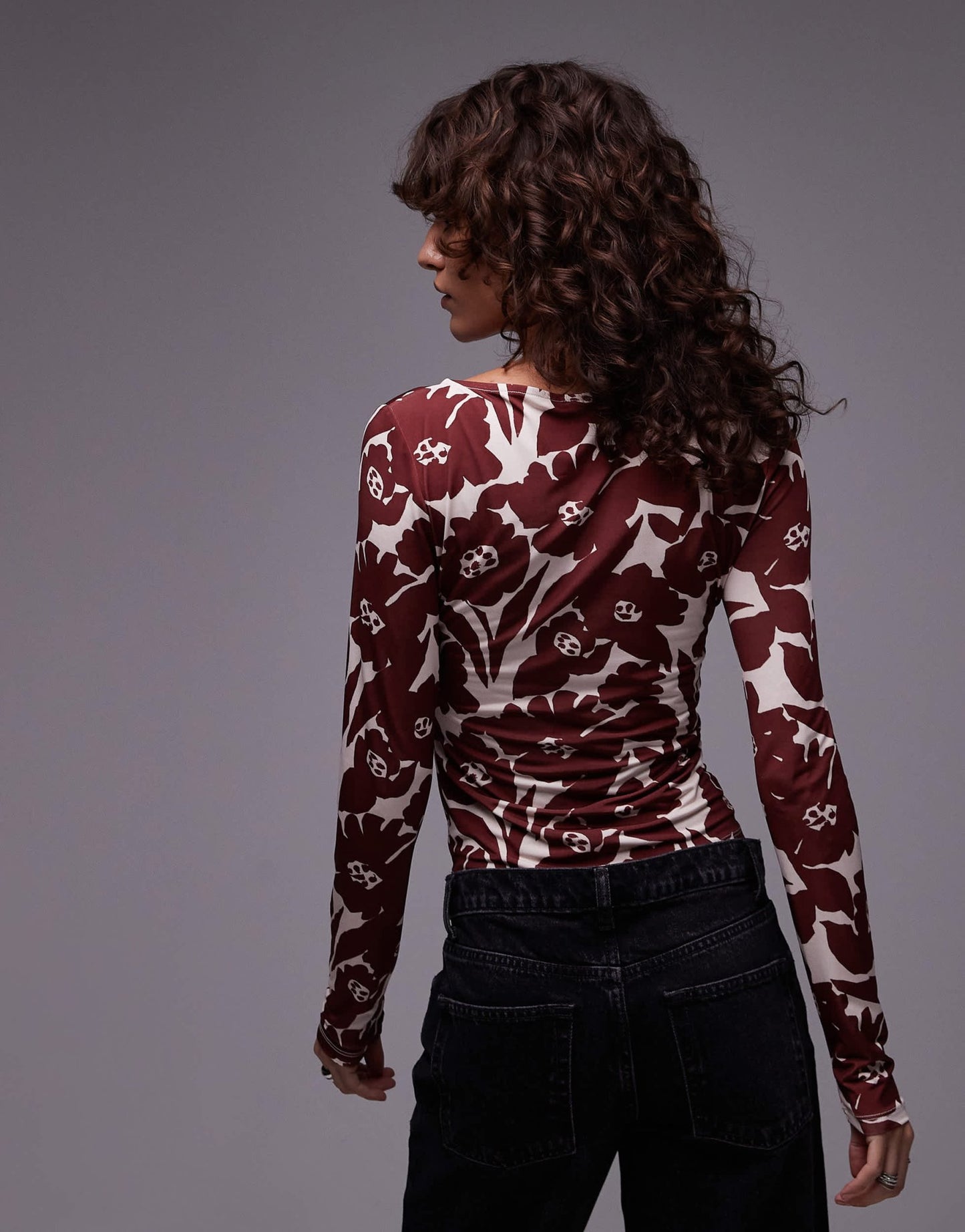 Topshop microfibre all over floral long sleeve top in red - ASOS Sample Sale